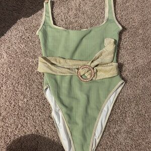 Revolve Maiyo Green Sparkly One-Piece Swimsuit with Gold Belt